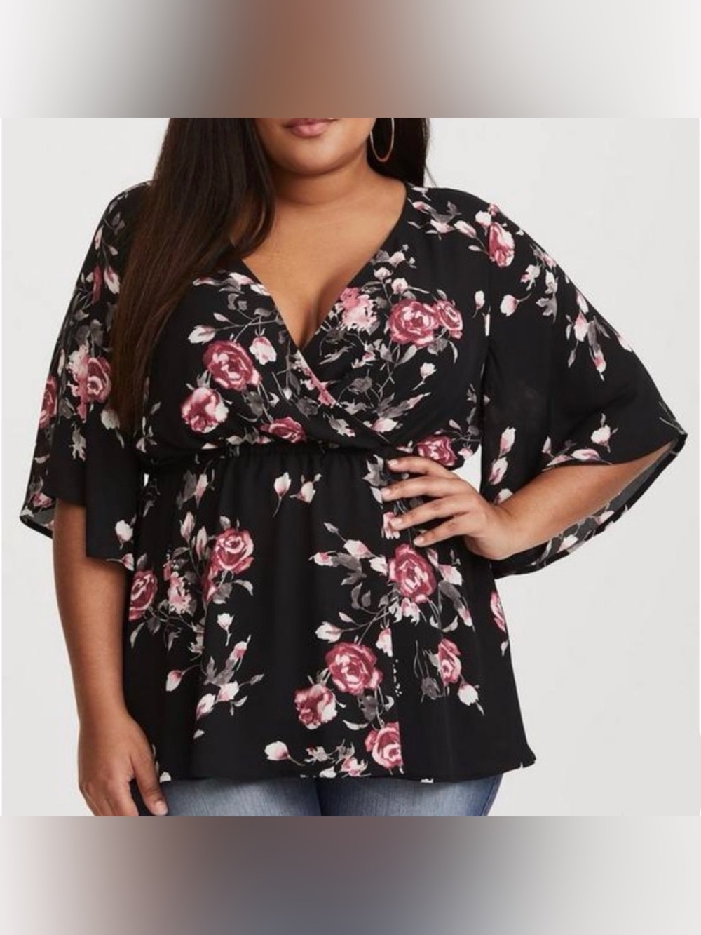 Torrid 2 flutter sleeve floral black babydoll top georgette v-neck women’s 2X 2X